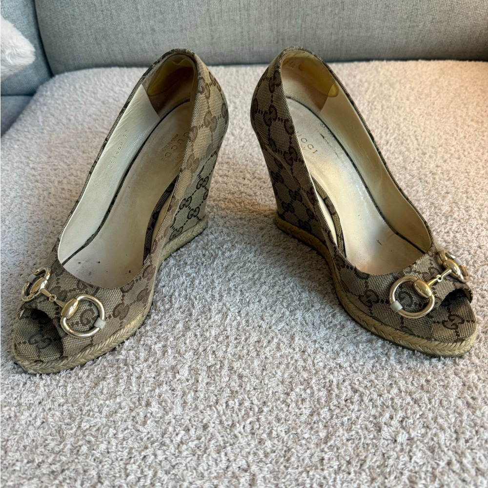 Gucci Brown Monogram Peep-Toe Wedge Espadrilles - Picture 2 of 12